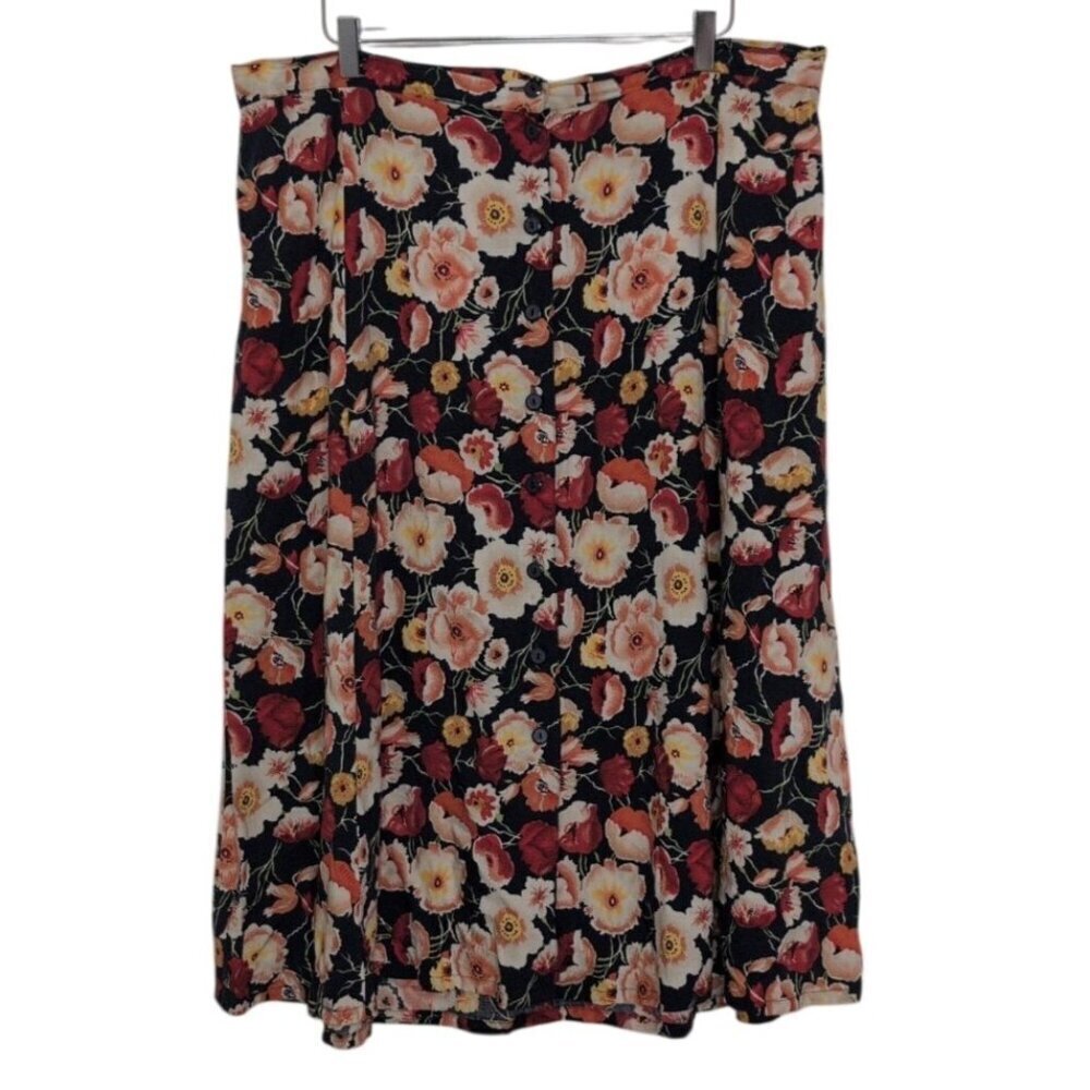 Sag Harbor Poppy Floral Midi Skirt Womens Size 2X Blue A Line Button Front Rayon